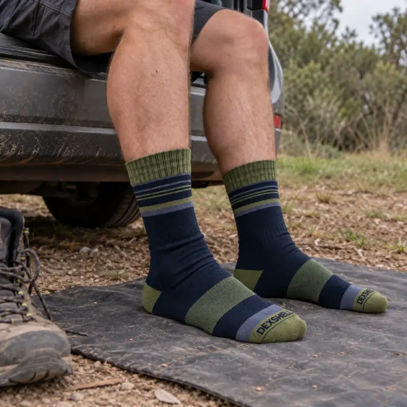 A man preparing for a hike wearing his new DexShell Waterproof Thermlite Socks